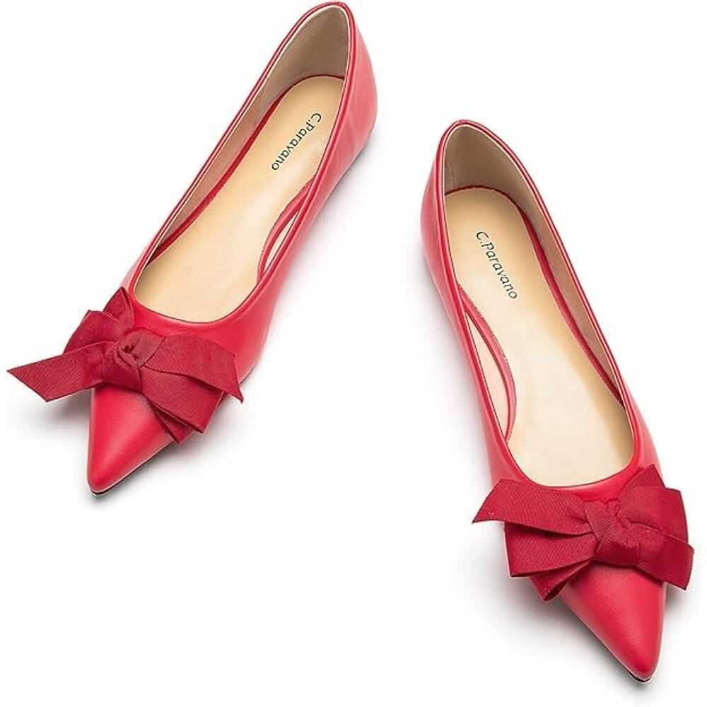C.Paravano Pointy‎ Bow Flats Comfortable Shoes Red Women Leather Sz 10.5 EU 41